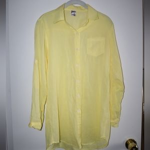 Long button down convertible sleeve shirt boyfriend fit semi sheer yellow M